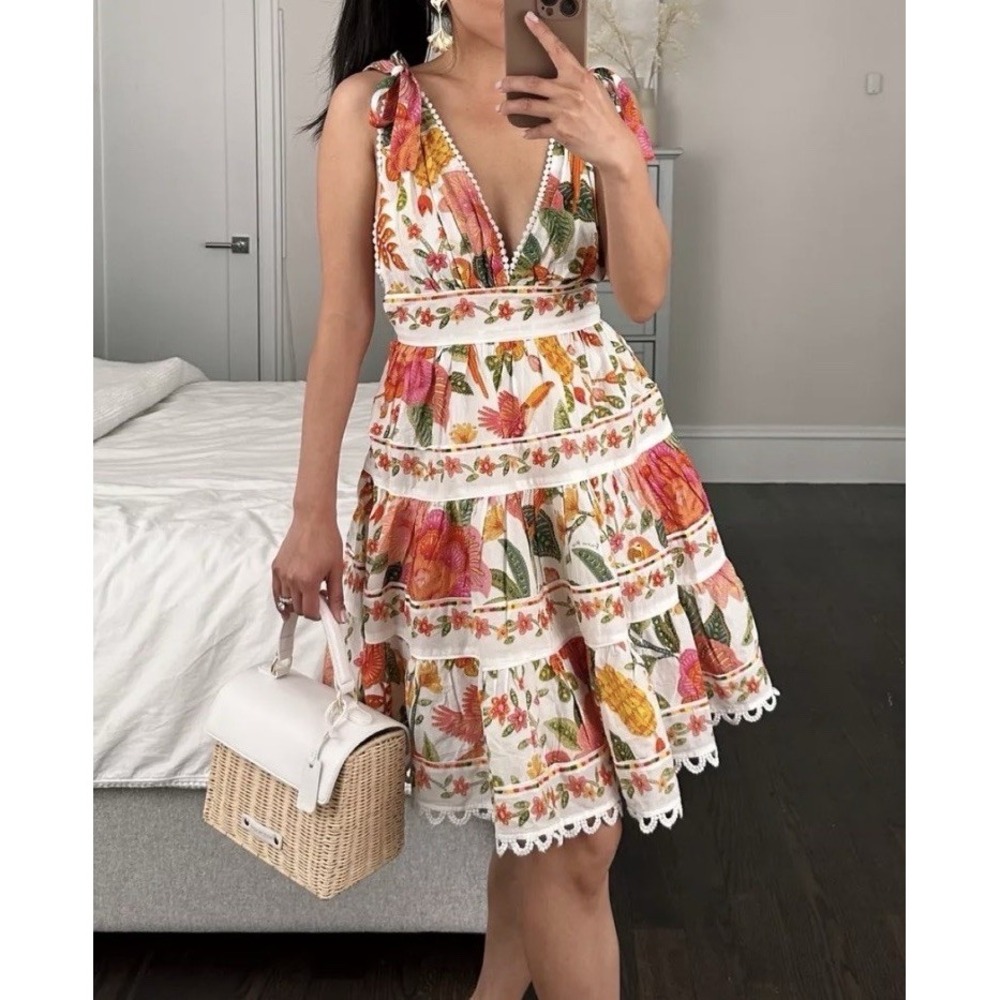 Farm Rio Macaw Bloom Tie Shoulder Mini Dress Large Ruffle Botanical Floral Zip - Picture 1 of 16